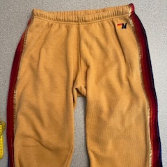 AVIATOR NATION 5 Stripe Sweatpants Joggers L Gold Khaki Velvet Retro Athleisure - Picture 8 of 8